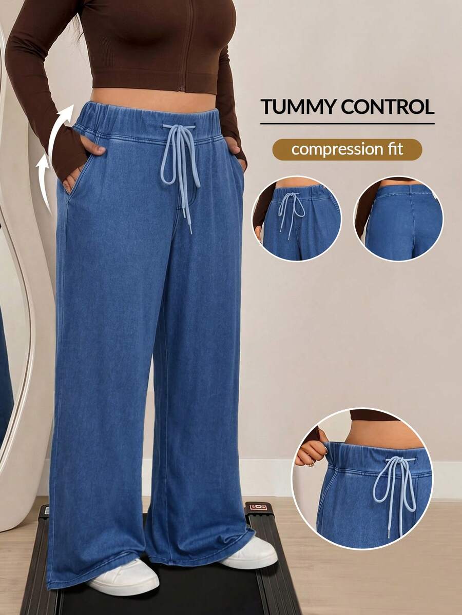 Flexra Plus Size Women's Drawstring Waist Casual Versatile Everyday Denim Jeans - Medium Wash - View 1