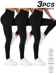 Velisys Velisys 3pcs Solid Tummy Control Sports Leggings Women Leggings Set Yoga Pants - Black - View 1