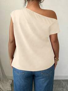Elenzga Black Plus Size Shirt With Ruched Design, Comfortable Casual Short Sleeve Oblique Shoulder, Suitable For Spring, Summer, Autumn - Apricot - View 2