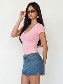 Rina Fox Áo thun nữ dáng ôm cổ chữ V tay ngắn phối ren, kiểu dáng thường ngày. - Hồng - Xem 4