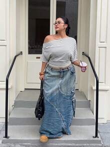 Muchica Plus Size Summer Casual Striped Asymmetric Collar T-Shirt - Light Grey - View 5