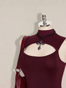 SHEIN ICON Women's Plus Size Hollow Out Solid Color Sexy Bodysuit Fall - Burgundy - View 7
