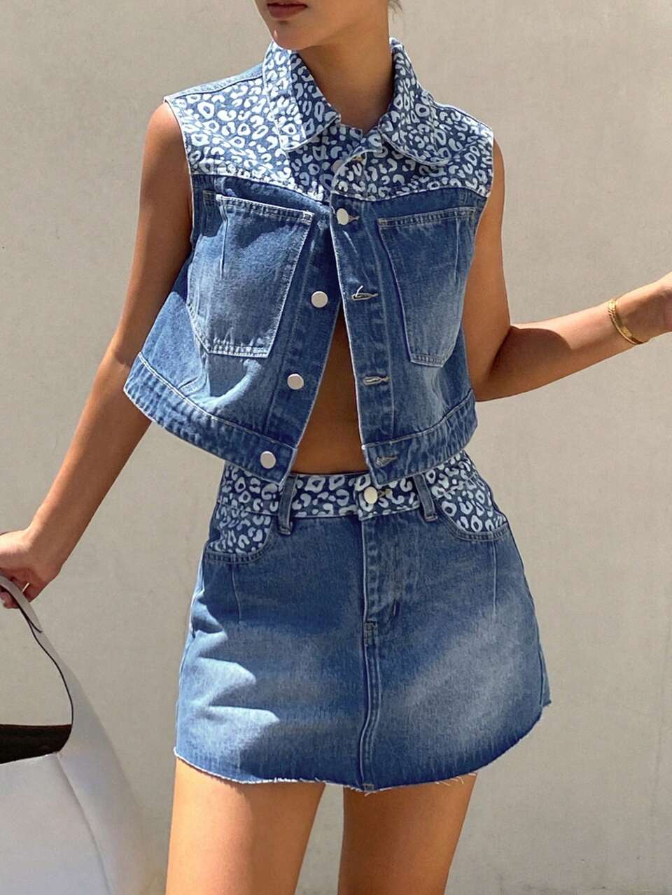 Patchwork Blue Print Fitted Cropped Sleeveless Shirt Straight Mini Skirt Casual Soft Form Vacation Summer Women's Denim Set Formal
