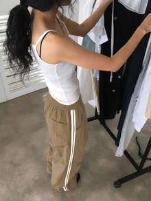 DAZY Women's Elastic Waist Patchwork Webbing Loose Street Style Long Pants, All Season Fall - Mocha Brown - View 5