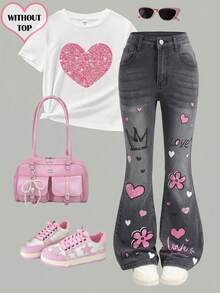 SHEIN Kids Tween Girl Fashion Floral Print Button Pocket Flared Jeans - Black - View 1