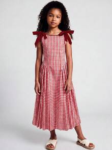 Maija Kids Maija Kids 青少年女孩紅白色格紋可拆式蝴蝶結圓領無袖背心洋裝 - 紅色 - 查看 1
