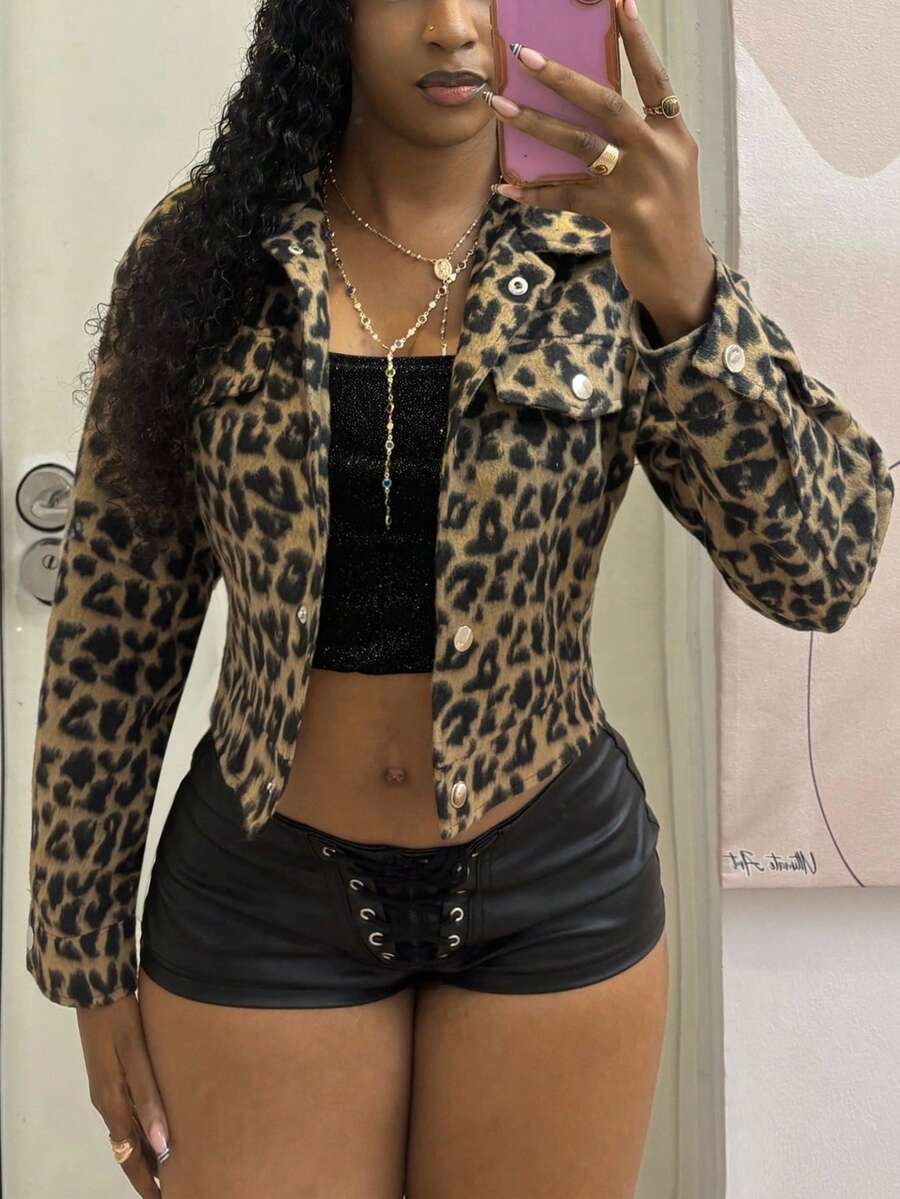 StreetHx Sexy Casual Leopard Print Fabric Pocket Decor Tweed Jacket Night Out Tan Autumn - Multicolor - View 1