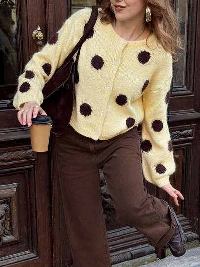 Serisse Women's Autumn/Winter Casual Retro Pale Yellow Pattern Cardigan Brunch