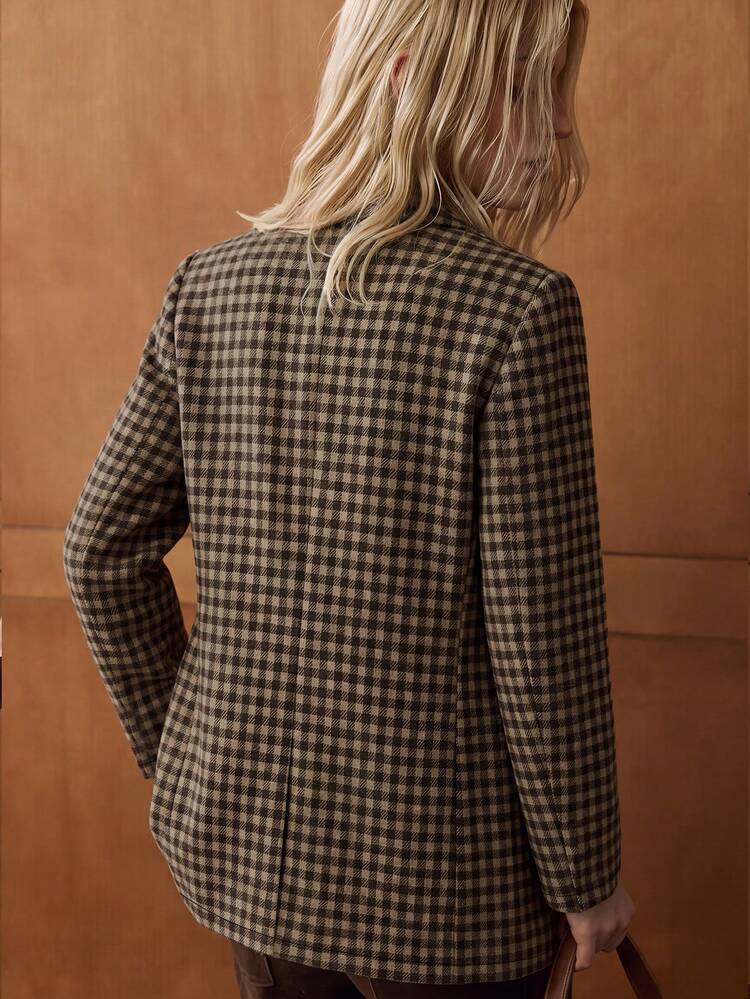 SHEIN 新款女式休閒通勤復古格紋寬鬆西裝外套 - 卡其色 - 查看 2
