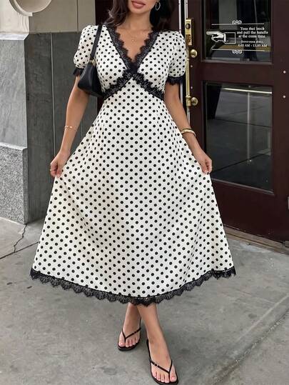 Velvienne Vintage Polka Dot Lace Trim Midi Dress For Women, Fluffy Short Sleeve Slit Slim Fit Elegant Casual Party Dress