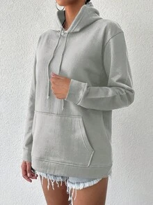 EURMUSE Women's Solid Color Drawstring Hoodie - Grey - View 4
