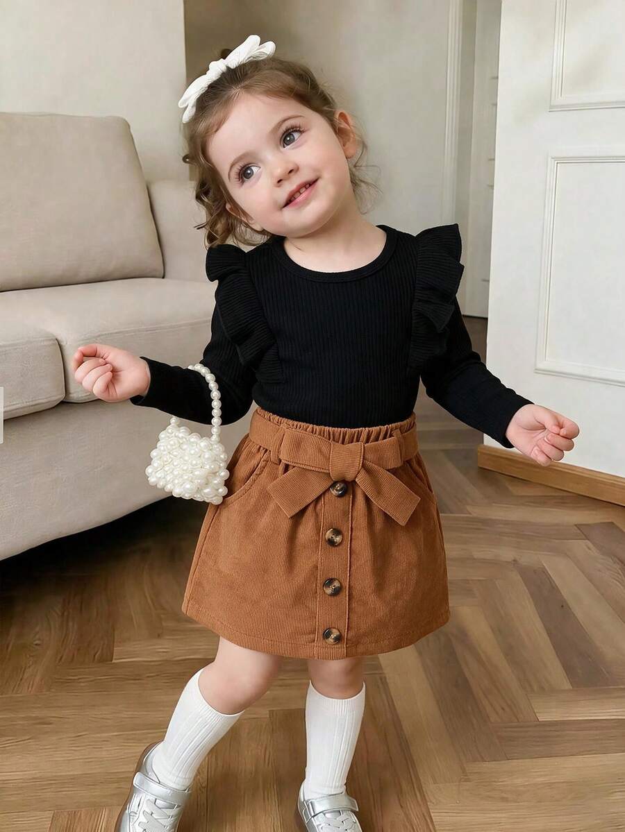 SHEIN Baby Girl Ruffle Trim Tee & Corduroy Belted Skirt - Multicolor - View 1