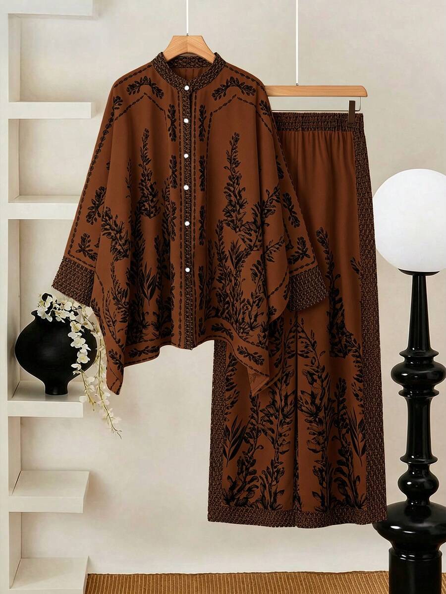 EMERY ROSE Plus Size Women's Floral Print Long Sleeve Top And Pants Casual Daily 2-Piece Set - Brown - View 1