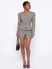 Avantive Women's Striped Zipper Front Jacket And Shorts 2 Pieces Set - Grey - View 4