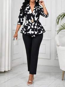 SHEIN Lady Plus Size Women's Geometric Pattern 3/4 Sleeve Jacket And Long Pants Elegant Suit 2 Pieces Set Office Dinner Formal Black And White Summer - Black and White - View 3
