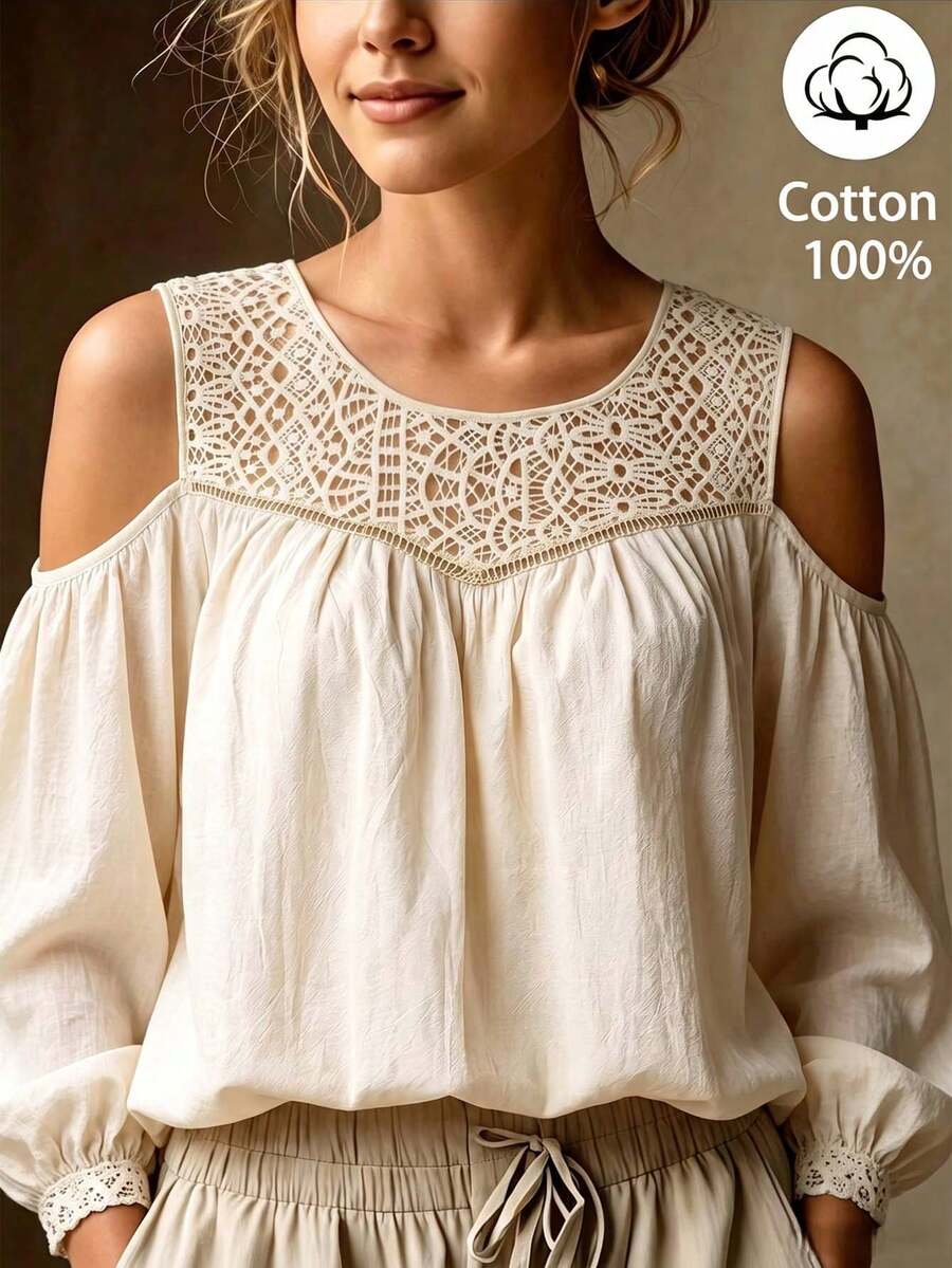 SHEIN Women's Open Shoulder Casual Apricot Long Sleeve Blouse - Apricot - View 1