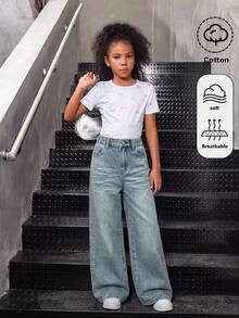 SHEIN Girlism 女童復古藍色牛仔寬鬆長褲 Y2K - 中等水洗藍 - 查看 1