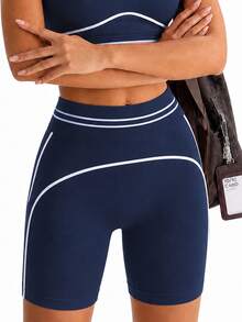 SHEIN Sports Women's Colorblock Casual Versatile Daily Travel Sports Shorts - Blue - View 1