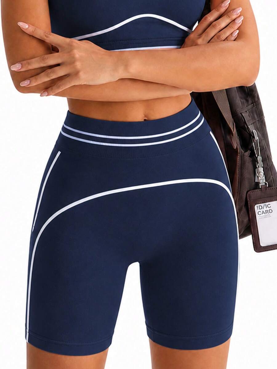 SHEIN Sports Women's Colorblock Casual Versatile Daily Travel Sports Shorts - Blue - View 1