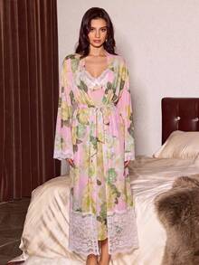 Slumberist Women's Lace Patchwork Cami Dress And Long Sleeve Cardigan Casual Loungewear Pajama Set - Pink - View 3