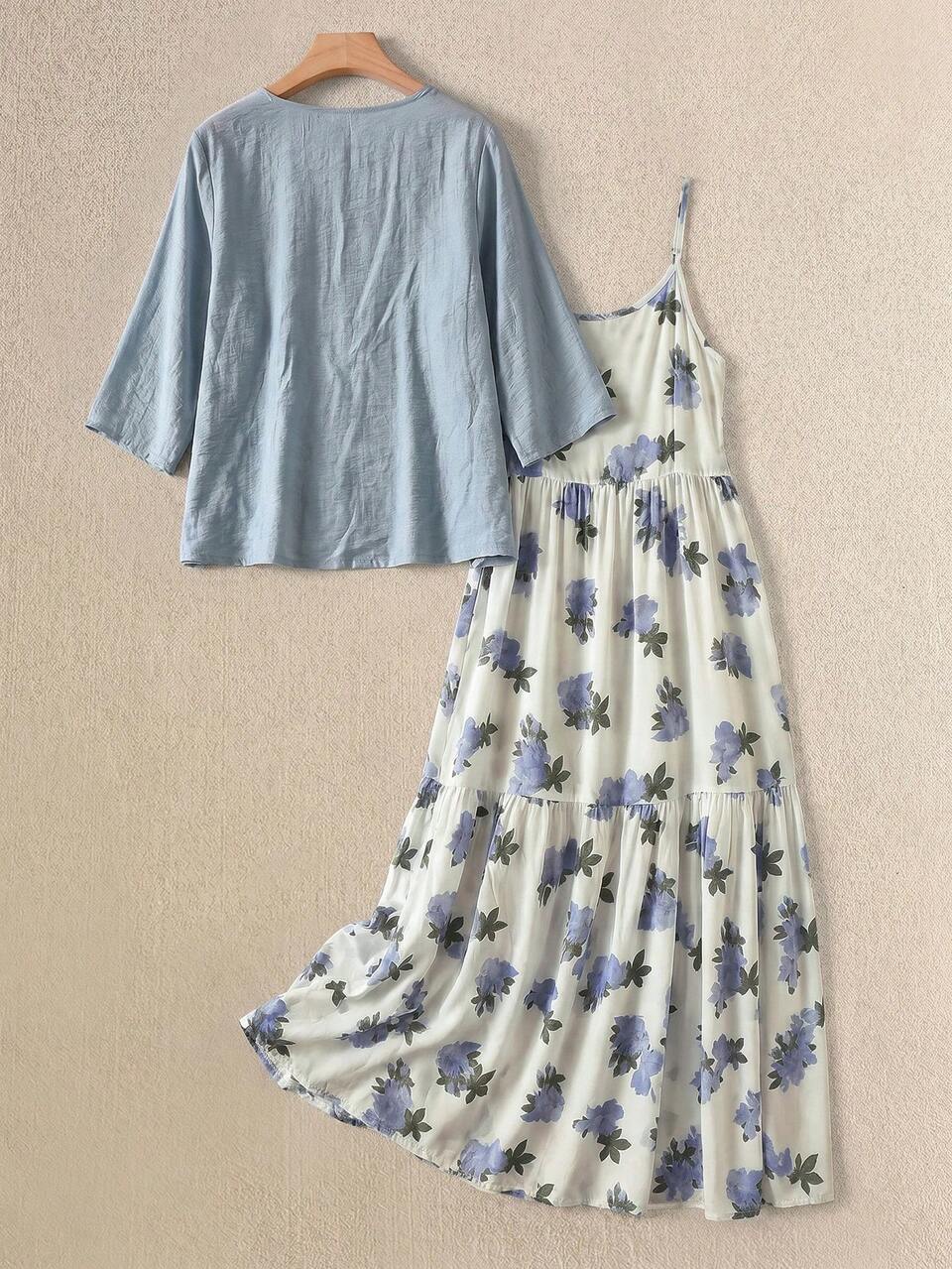 Plus Size Vacation Casual Solid Color Shirt & Floral Print Dress 2-Piece Set