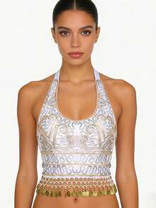 Sequin Embroidered Cropped Top Belly Dance Costume, Metal Disk Tassel Fringe Festival Outfit, Party Rave Stage Performance Wear For Women, Multicolor Options - Multicolor - View 6