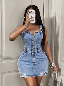 BamGleam Women's Spring/Summer Button Multi-Pocket Frayed Distressed Blue Denim Dress - Medium Wash - View 2