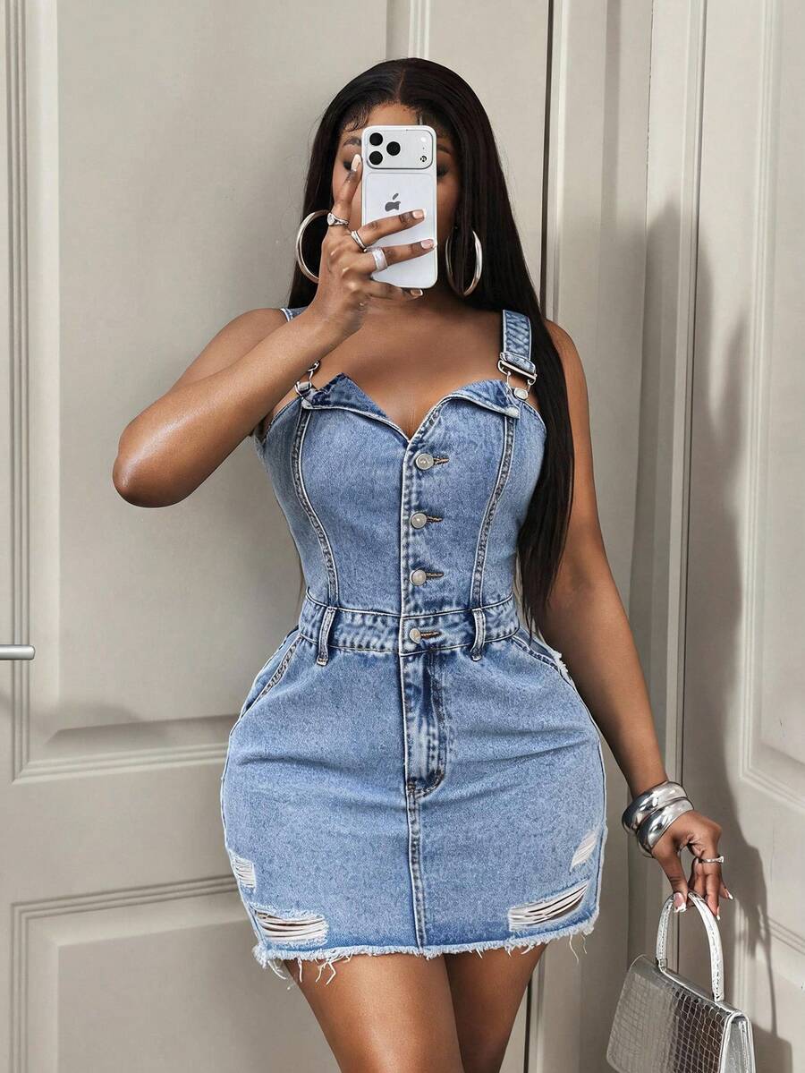 BamGleam Women's Spring/Summer Button Multi-Pocket Frayed Distressed Blue Denim Dress