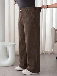 SHEIN Tall CURVE 大尺碼女款休閒直筒牛仔褲 秋季 - 棕色 - 查看 4