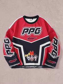 THE POWERPUFF GIRLS X SHEIN Men's Letter Print Crew Neck Long Sleeve Pullover Sweatshirt - Burgundy - View 3
