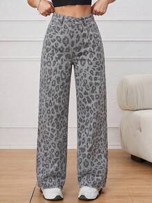 SHEIN ICON 女款豹紋休閒百搭日常穿著牛仔褲 - 彩色 - 查看 3