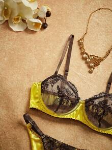 PinupPomp Women's Sexy Lace Patchwork Bra And Panty Lingerie Set - Yellow - View 4