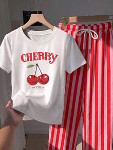 SHEIN EZwear 女款櫻桃印花T恤與條紋長褲兩件套 - 彩色 - 查看 6