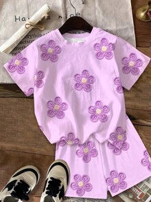 青少年女孩休閒可愛趣味紋理碎花、紫色、碎花田園風、圓領短袖T恤寬鬆短褲2件套，適合春夏圖案、舒適、女孩套裝、Y2k、復古、度假、波點 - 彩色 - 查看 3