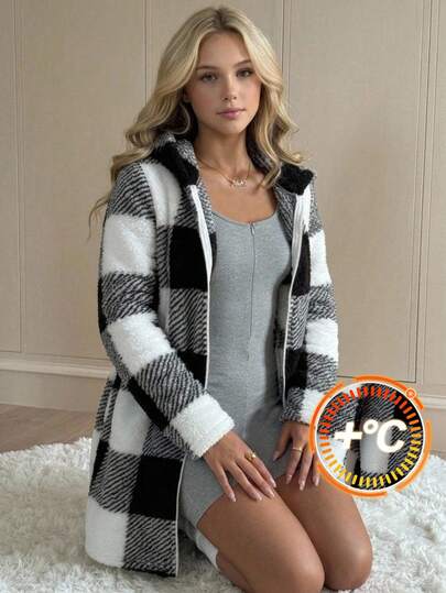 SHEIN Teen Girls Black & White Plaid Plush Hooded Jacket,Winter Matrix Y2k Dance Long-Sleeved Zip Up Hoodie Teddy Cardigan,Back To School Autumn Coat,Casual