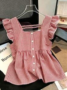 SHEIN Franclia 2026新款女裝春夏系列復古學院風Y2K美學黑白格紋短袖荷葉邊方領全開襟上衣，可調節交叉後背帶，荷葉邊收腰修身顯瘦，透氣輕盈柔軟舒適面料，時尚柔美上衣，適合休閒日常、夏季度假、週末出遊、海邊散步、早午餐聚會、可愛約會與街頭穿搭 - 紅色 - 查看 1