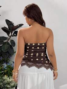 GalTyme Atasan Bandeau Motif Polkadot Patchwork Renda untuk Wanita Ukuran Plus - Coklat - View 2