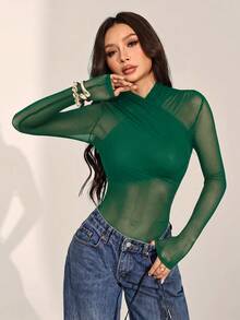 SHEIN PETITE 女款性感純色網紗包覆式連身衣，透視長袖 - 墨綠色 - 查看 10