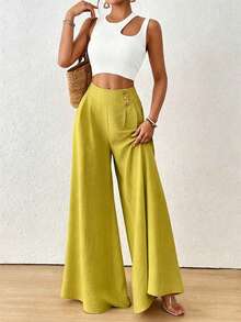 SHEIN Raffinéa Women's Solid Color Wide Leg Casual Vacation Pants - Yellow - View 7