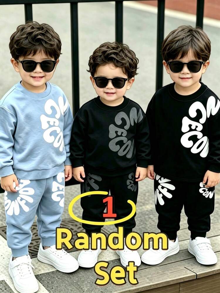 SHEIN 1 Random Set,Baby Boy Blue Letter Print Round Neck Long Sleeve Sweatshirt And Sweatpants Set Fall Autumn Back To School Rib-Knit Outfits - Multicolor - View 3