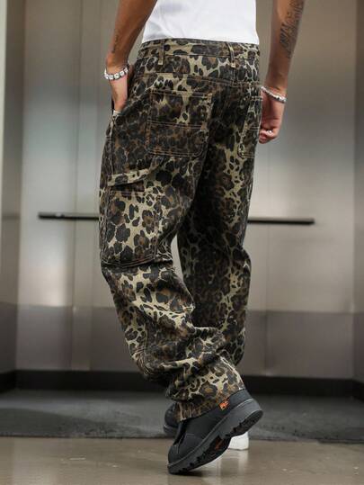 GALLERY FADE Men's Streetwear Casual Patchwork Waist Rope Camo Leopard Print Denim Jeans