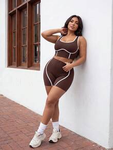 Slayform Women's Plus Size Colorblock Cropped Top And High Waist Shorts Casual Daily Sports Set Gym Sports Chocolate Brown Summer - Multicolor - View 4