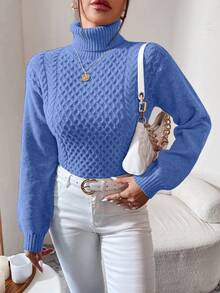 EURMUSE Women's Casual Everyday Commute Solid Color High Neck Cable Knit Pullover Sweater, Autumn/Winter - Baby Blue - View 5