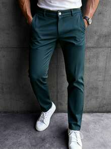 Manfinity Mode Men's Casual Minimalist Button Pocket Pants For Commuting And Office - Dark Green - View 1