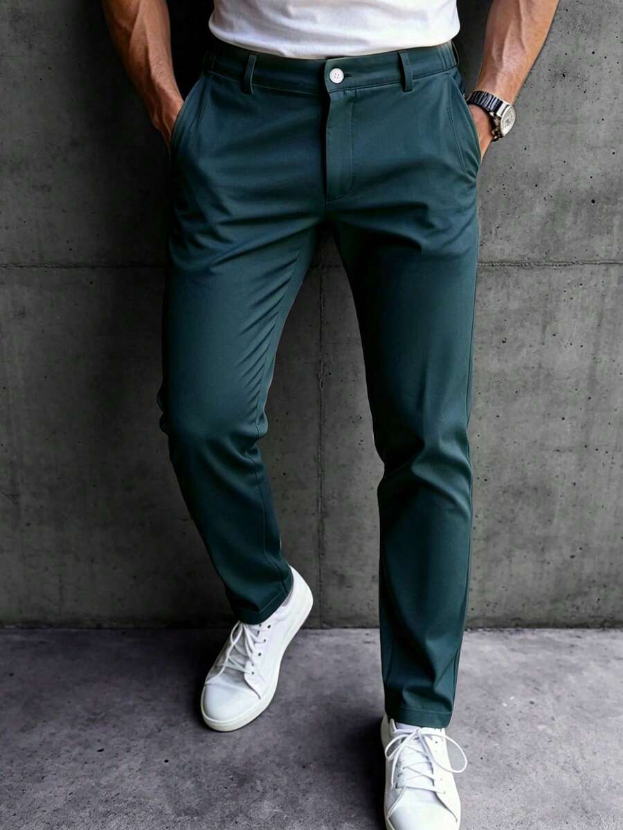 Manfinity Mode Men's Casual Minimalist Button Pocket Pants For Commuting And Office - Dark Green - View 1