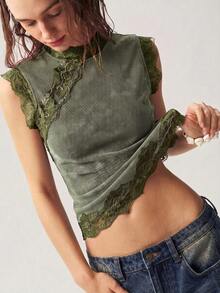 Bohemela Tank Top Rajut Kasual dengan Detail Renda Kontras untuk Wanita - Hijau Tentara - View 2