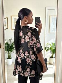 SHEIN Lady CURVE Jaket Semi-Transparan Motif Bunga Ukuran Besar untuk Acara Formal Pagi Hari dan Koktail, Warna Hitam, Elegan untuk Musim Panas - MultiWarna - View 2