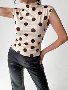 Firerie Women's Vintage Cream Polka Dot Mock Neck Sleeveless Top, Ruched Cinched Waist Elegant Inner Layer Tank - Multicolor - View 4