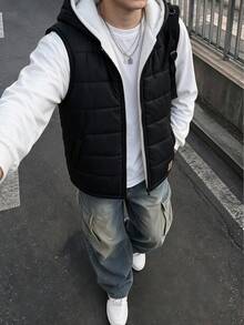 Boys' Casual Thermal-Lined Hooded Vest, Suitable For Daily Wear, Versatile, Winter - Black - View 1