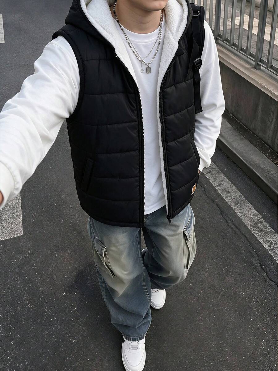 Boys' Casual Thermal-Lined Hooded Vest, Suitable For Daily Wear, Versatile, Winter - Black - View 1